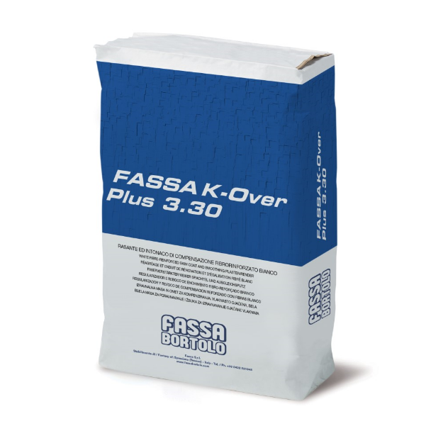 The Fassa K-Over PLus 3.30 is a white fibre-reinforced skim coat and smoothing plaster/render.